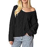 ZAFUL Womens V Neck Off The Shoulder Sweater Long Sleeve 2025 Oversized Cable Knit Casual Pullover Tops