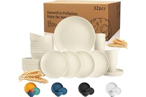 Wrova Wheat Straw Dinnerware Sets of 32,Dishwasher Safe Alternative Plastic Dishes Set Service for 8,Unbreakable Dinner Plates and Bowls Sets for Kitchen,Party,Camping,RV. Beige
