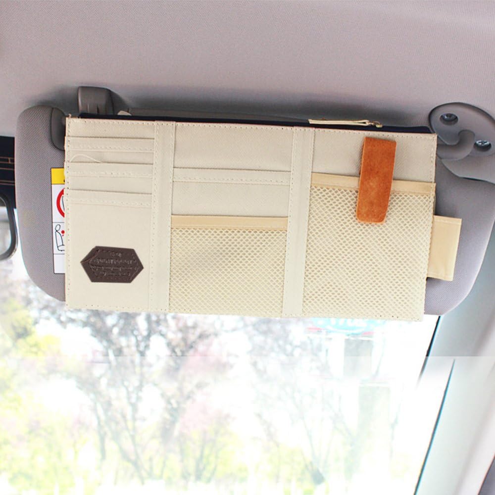 Car Sun Visor Storage Pocket, Multifunctional Car Sun Visor Point Pocket Organizer Pouch Storage Bag Car Hanging Bags Arrangement Card Case Holder (Beige)