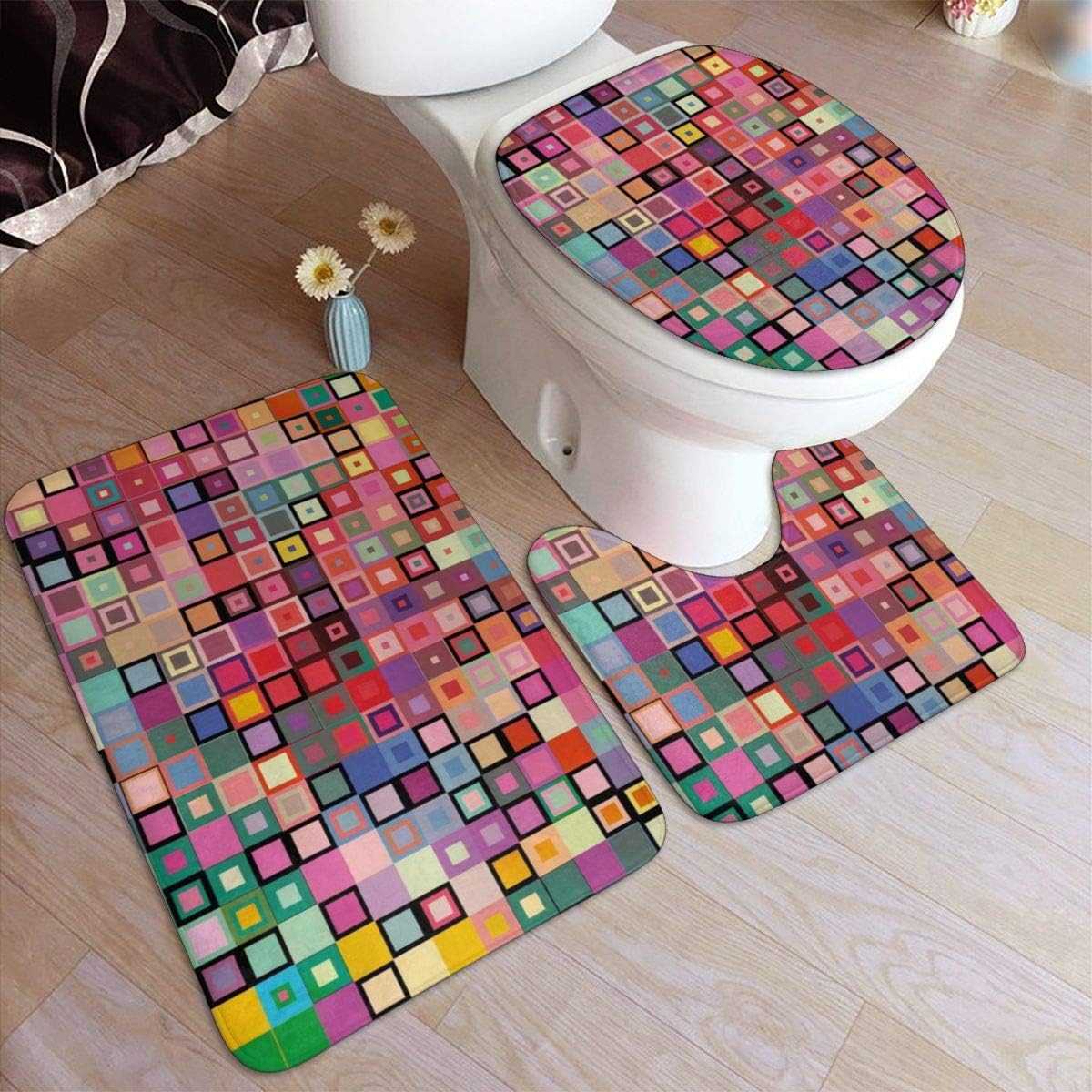 Color Rainbow Square Design Bathroom Rug Mats Set 3 Piece