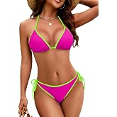 Zonsaoja Women Bikini Sets Triangle String Color Block Swimsuit | Adjustable Side Tie Cheeky Bottom, Removable Pad, Thin String Straps, Sexy Halter V Neck, Two Piece Swimsuit Bathing Suits