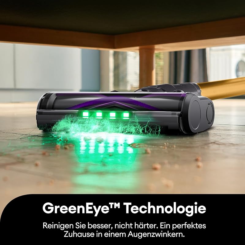 Akku Staubsauger,55KPA/600W/60Mins Staubsauger Kabellos mit 180° klappbarem Rohr, 1,5L Großer Staubbecher, Anti-Tangle-Bürste, GreenEye-Technologie,Licht für Hartböden Teppiche Tierhaare