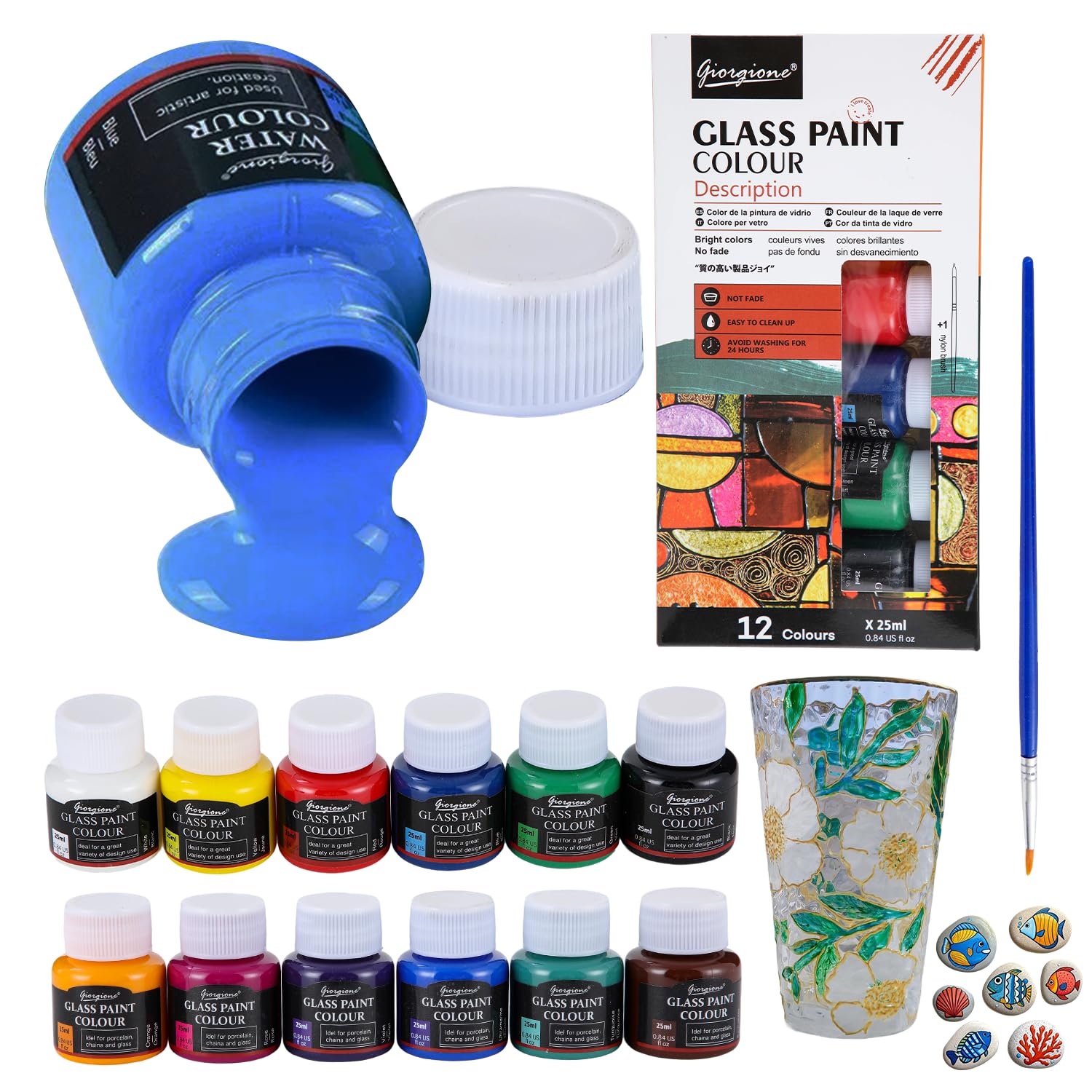 Onperpoe Glass Paints for Glass Painting, 12 Colours Painting Kit with Paint Pen, Non-toxic Paint for Glasses Ceramic, Strong Covering Power for Crystal Window and Wine Bottles