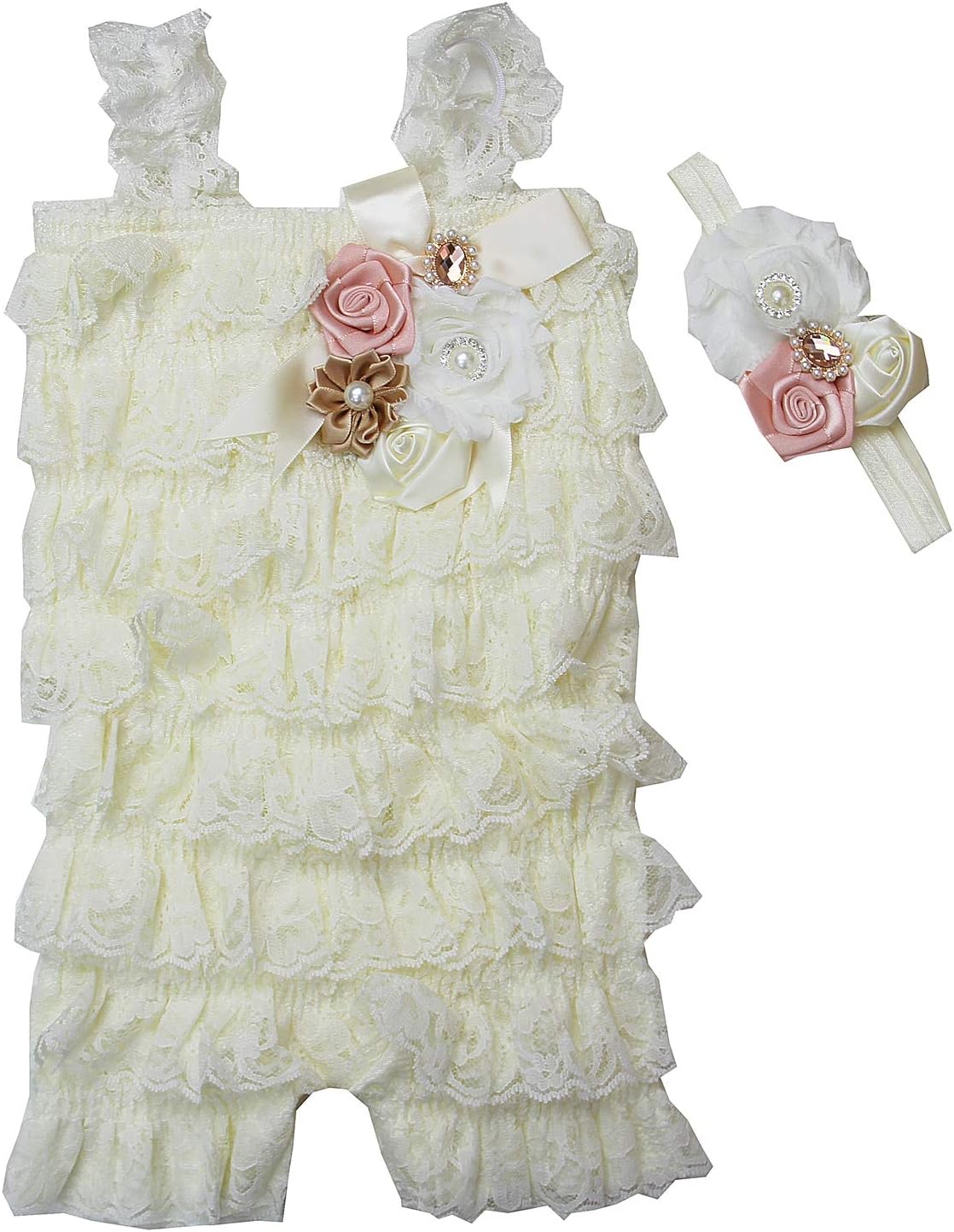 Baby Elegant Rosettes Pearl Lace Petti Romper Headband Set