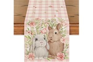 Artoid Mode Bunny Rabbit Flowers Leaves Pink Buffalo Plaid Easter Table Runner, Spring Kitchen Dining Table Decoration for Ho