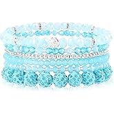 Colorful Beaded Bracelets for Women Glass Beads Bracelet Set Bohemian Multilayered Stackable Clay Sparkly Disco Ball Pearl Crystal Beads Stretch Bracelets Boho Summer Vacation Beach Jewelry Gift