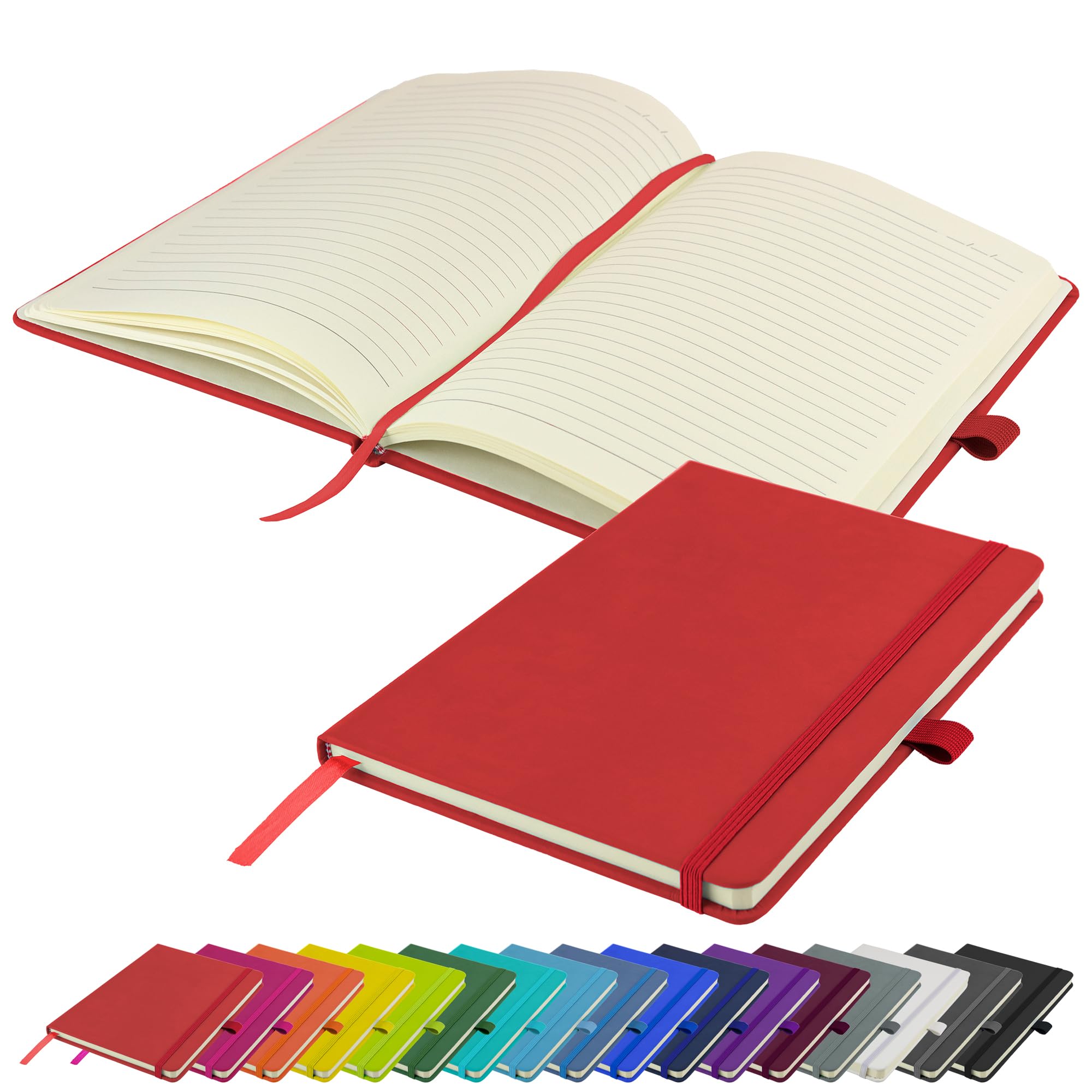 Savvy Bee A5 Notebook New Lined Hardback Journal with pen loop, elastic closure & ribbon page marker Notepad Note Book Notes Diary Pad (Red)