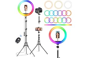 STALLY 10.2" Ring Light with Stand, 75" Tall Ring Light with Phone Holder and Wireless Remote, 12 Dimming Levels, 32 Color Modes Selfie Light Tripod for iPhone, Live Stream, Makeup, YouTube, TikTok