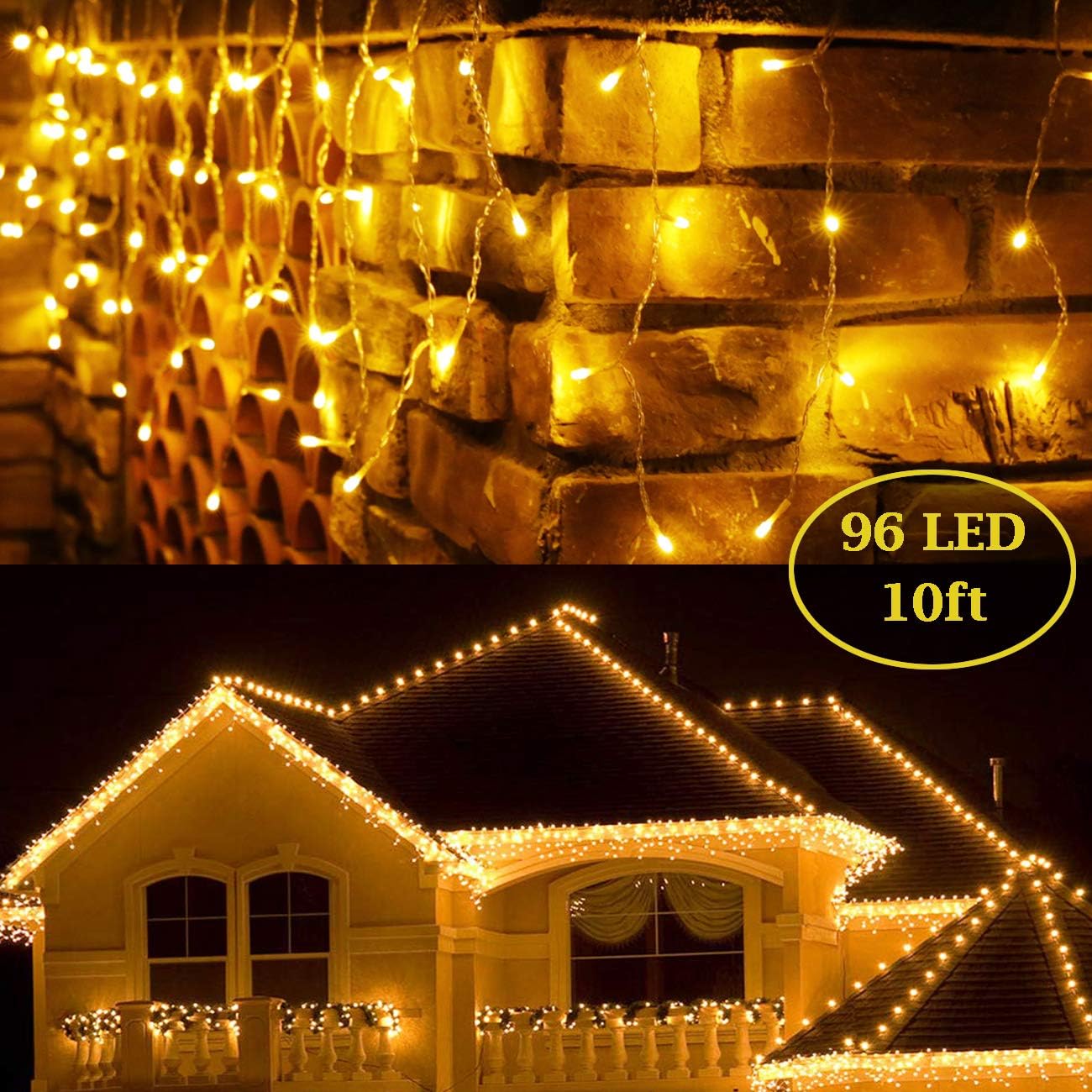 BaiYunPOY 10 Ft 96 Led Icicle Lights, Christmas Lights Plug in Outdoor Fairy String Lights with 16.6 FT Power Lead for Bedroom Indoor and Holiday Icicle Lights
