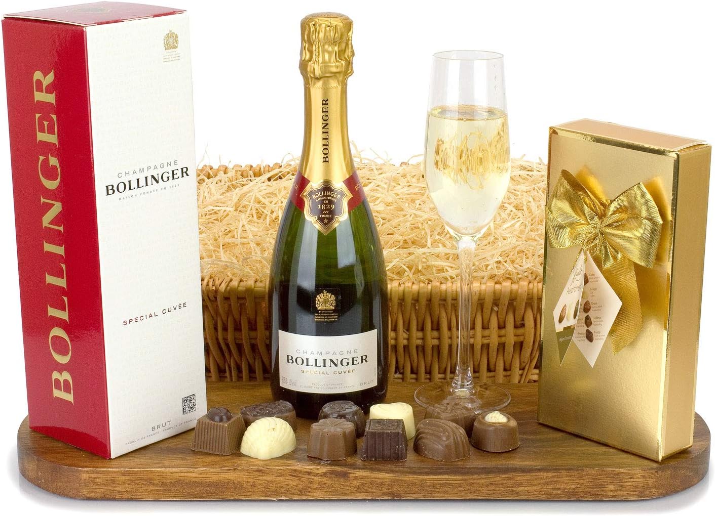 Bollinger Champagne and Hamlet Chocolate Hamper presented in a 12Inch Willow Tray hand wrapped in cellophane with FREE DELIVERY