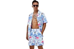 Poekuao Men's Hawaiian Matching Set Summer Beach Outfits 2 Piece Flower Tropical Short Sleeve Cuban Shirts and Shorts Suits