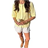 SHENHE Women's Crochet Short Sleeve Cardigan Button Down Crew Neck Hollow Out Lightweight Knit Sweater