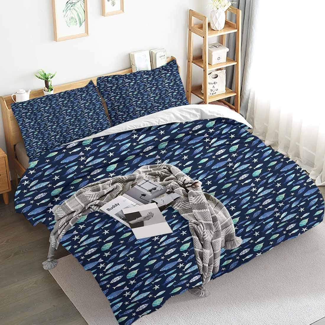 Mozenou Extra Large Duvet Cover Fishes Aquarium Silhouettes 100% Polyester Bedding, 1 Duvet Cover and 2 Pillowcases, Zip Closure 104x89 inch