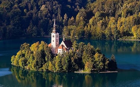 Amazon Co Jp スロベニア ブレッド湖 教会 島 木 キャンバスの 写真 ポスター 印刷 旅行 風景 景色 90cmx60cm ホーム キッチン