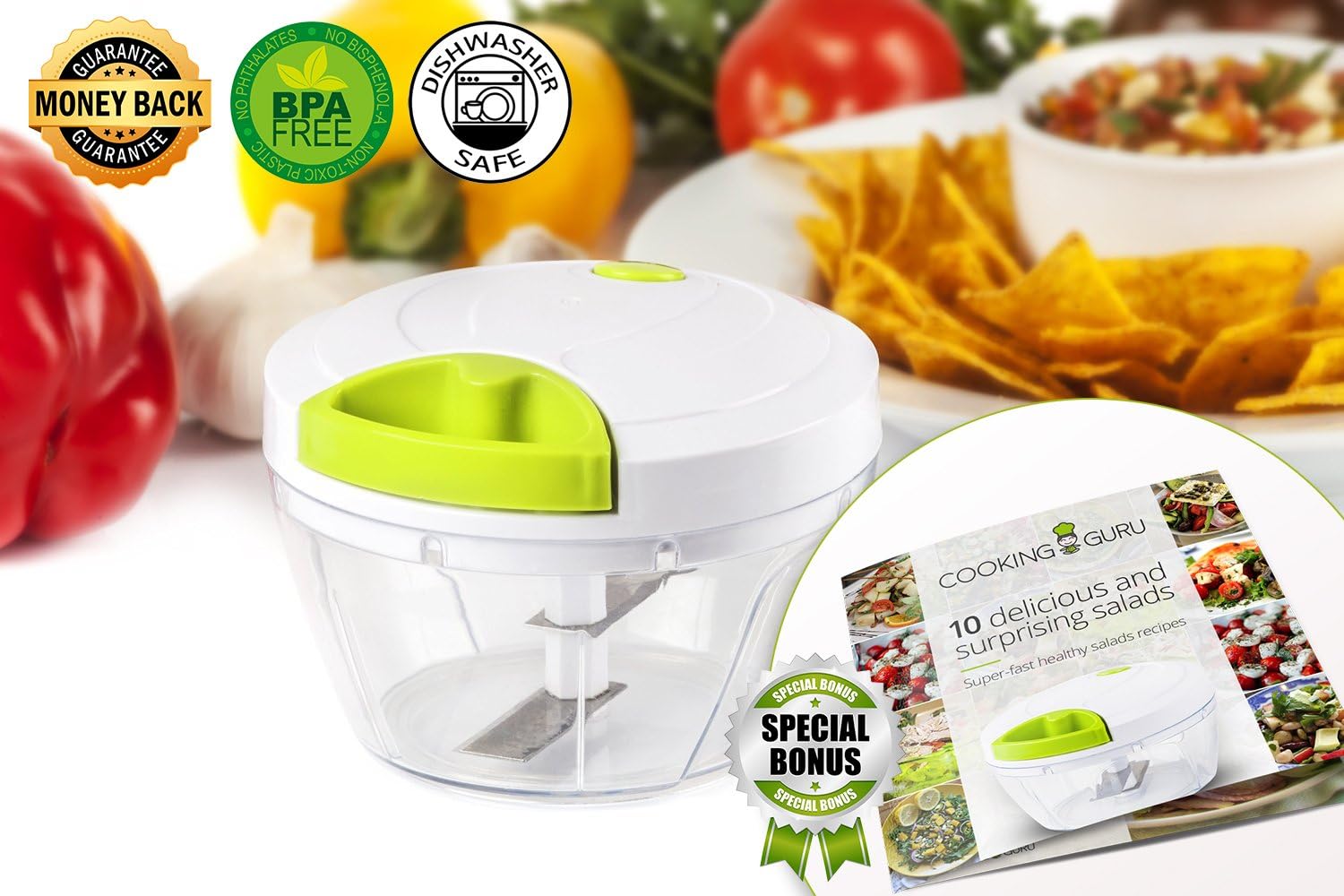 Manual Food Chopper: 3 Cups Vegetables, Garlic, Onion, Nuts Chopper Mincer, Banana and Apple Slicer - Chop, Mince and Slice for Salsa, Puree, Salad, Pesto - Bonus Recipe eBook