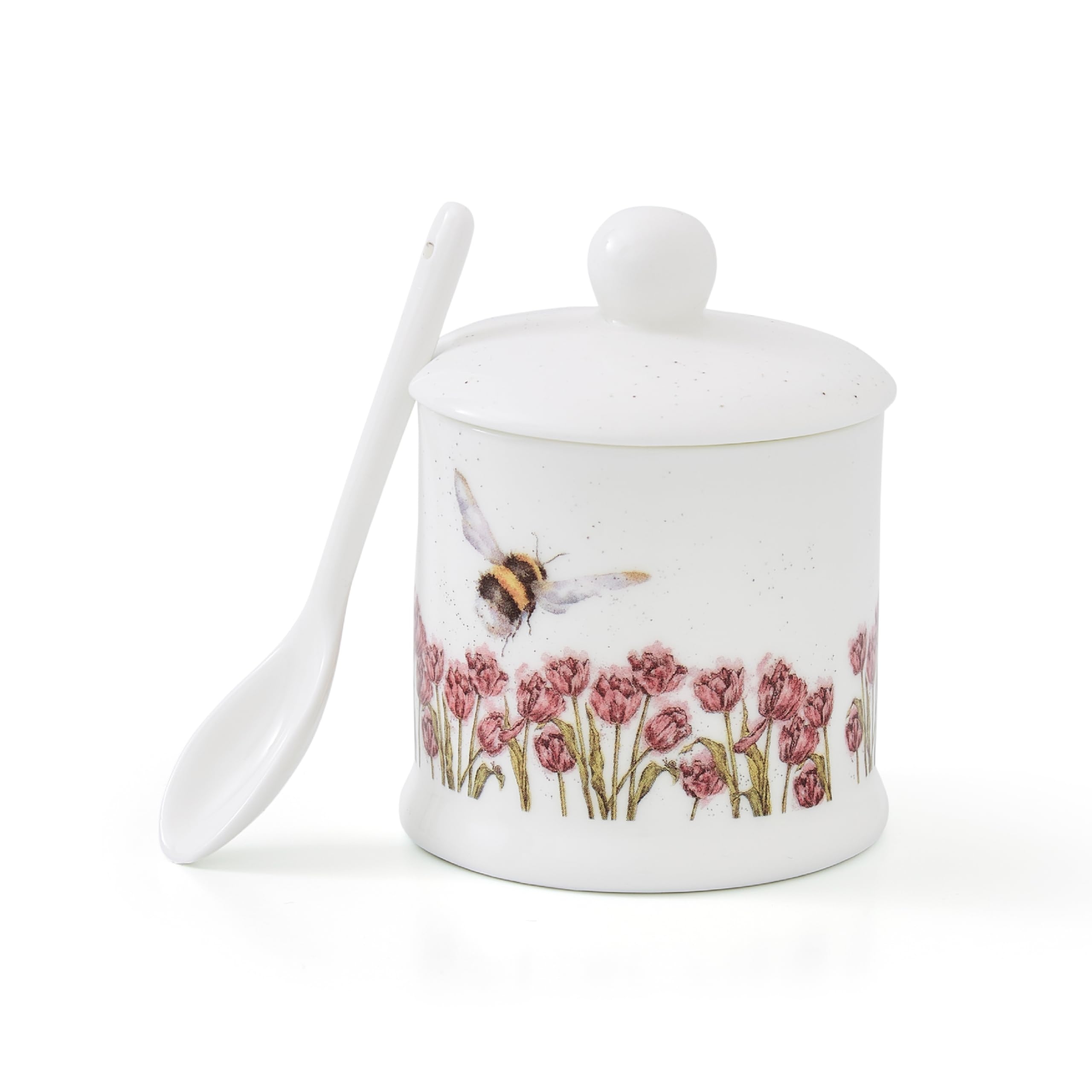 Royal Worcester x Wrendale Designs Ceramic Sugar Bowl - Flight of The Bumblebee Lidded Conserve Pot with Spoon, Ceramic, White Sugar bowl