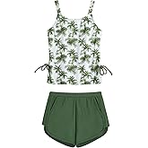 HOZIY Girls Swimsuit Two Piece Tankini Girls Bathing Suit with Boyshort Adjustable Strap Drawstring Kids Swimwear for 5-14Y