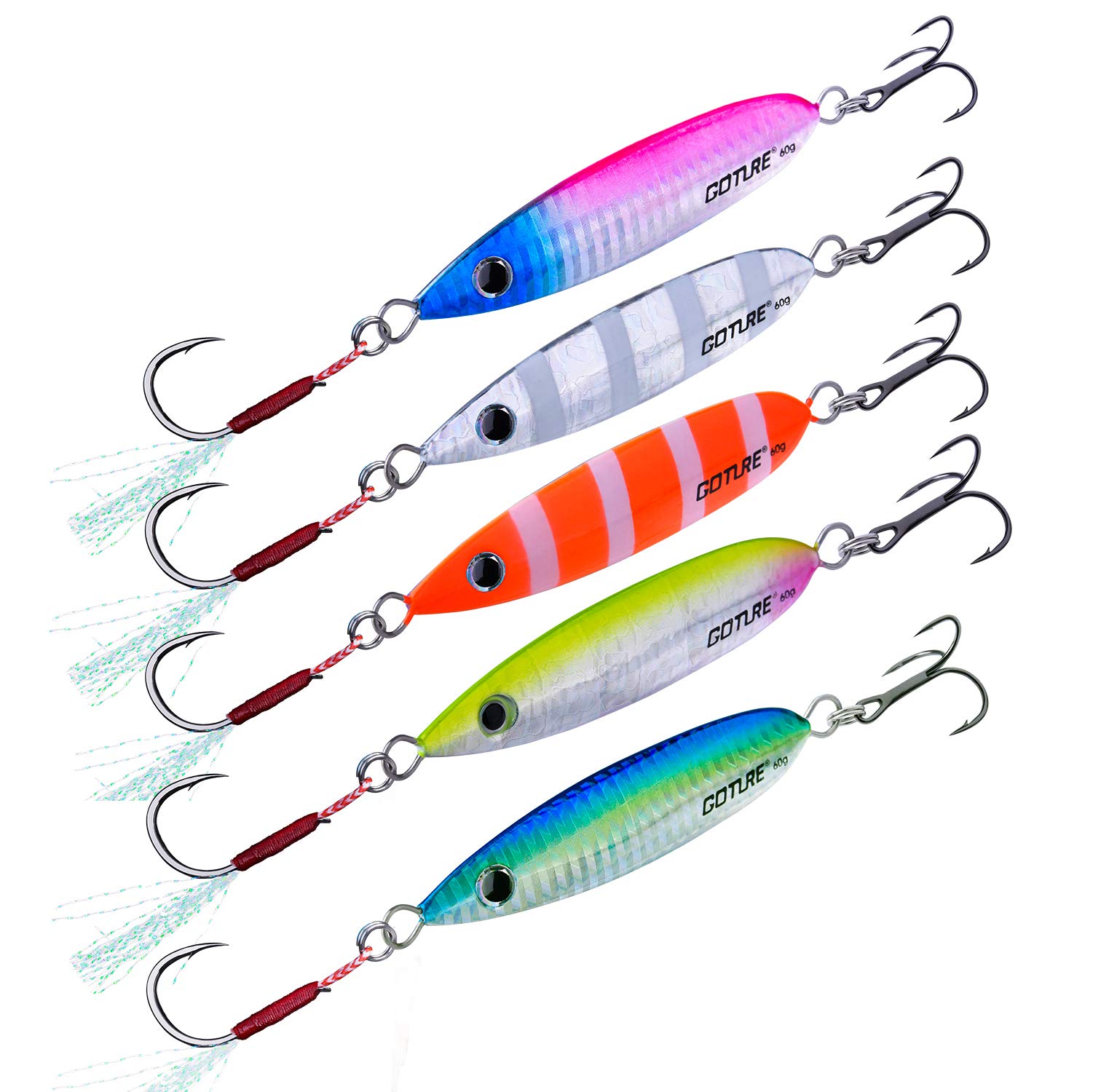 Goture Vertical Jigs Fishing Lure Metal Spoons with Feather Treble Hooks Saltwater Jigging Bait - Multi Colors， Pack of 5, 1.41oz