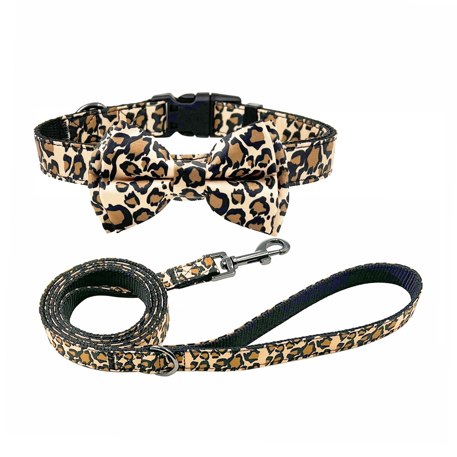 Olahibi Dog Bowtie Collar and Leash Combo Set, Brown Leopard Pattern, Nylon Webbing Plus Cotton Ribbon, 150CM Leash, for Small Dogs.(S, Brown Leopard) — image 1