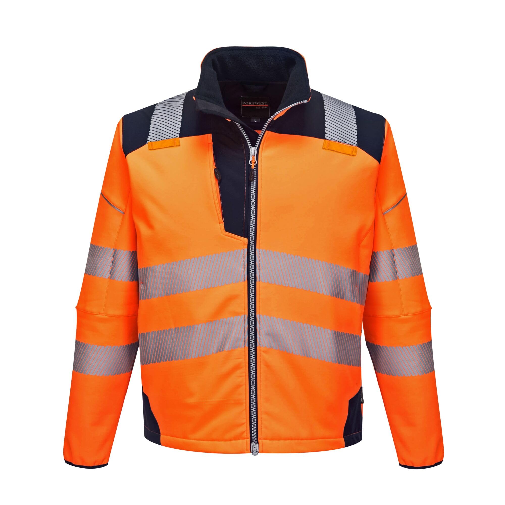 Portwest T402 Men's PW3 Hi Vis Safety Jacket - Windproof Water Resistant High Visibility Reflective Softshell Jacket Orange/Navy, Large