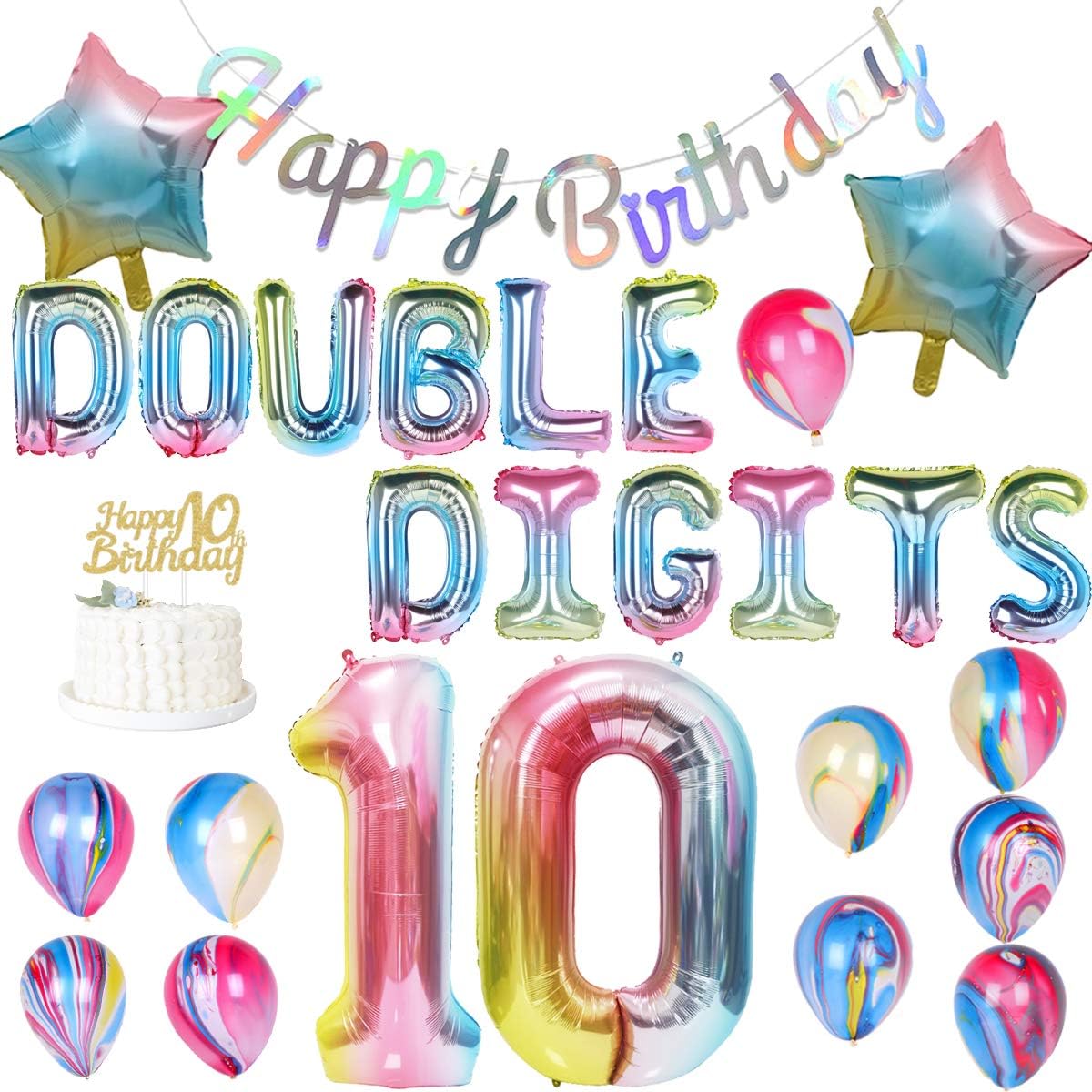 Rainbow 10th Birthday Decorations for Girls Double Digits Decorations Iridescent Happy Birthday Banner Cake Topper Pastel Number 10 Star Rainbow Gradient Balloons for 10 Year Old BRD Party