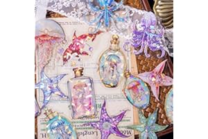Yoksas 120Pcs Holographic Glitter Ocean Life Stickers - Clear Waterproof Sea Jellyfish,Octopus, Starfish Marine Animal Stickers for Junk Journal,Scrapbooking Supplies