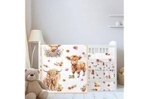 Mixweer Highland Cow Crib Bedding Set for Boys Girls Colorful Flower Baby Crib Bedding Set Mini Cattle Comforter Sets Gender Neutral Standard Size Crib Fitted Sheet Comforter Crib Skirt for Boys Girls