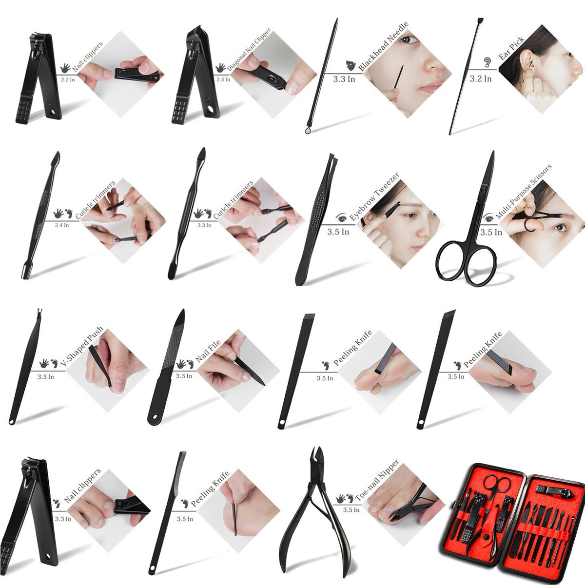 Keiby Citom Professional Stainless Steel Nail Clipper Travel & Grooming Kit Nail Tools Manicure & Pedicure Set of 15pcs with Luxurious Case(Black/Red) : Beauty