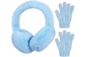 LUCKYBUNNY Girls Winter Earmuffs Gloves Set Kids Foldable Ear Covers Warm Plush Ear Muffs Knit Gloves, Ages 7-12