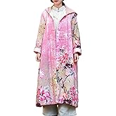 LUZU JUNU Women's Winter Hooded Long Outwear Floral Printed Jackets Windbreaker Vintage Frog Button Fleece Lined Overcoat