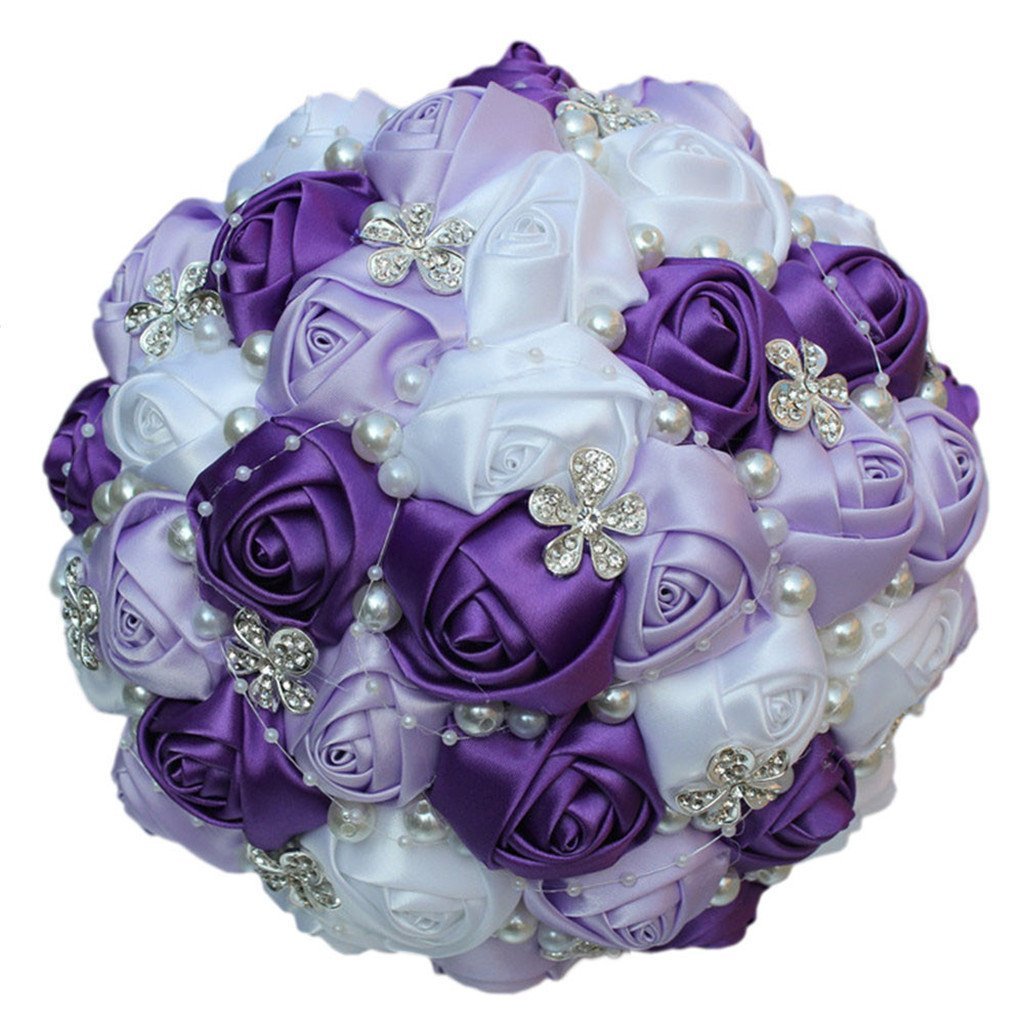 Fouriding Hand Made Diamond Crystal Pearl Silk Roses Bridesmaid Bridal Artificial Bouquets Customization Bride Holding Bouquet Durable Wedding With Brooch Corsage Flower Purple white Dia 18cm
