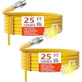 HUANCHAIN 12 Gauge Heavy Duty Outdoor Extension Cord 25 FT 2Pack Waterproof | 25 Foot 2PACK 12 AWG Outdoor Extension Cord with Lighted, Heavy Duty Extension Cord Waterproof with Hook, 15A 1875W 125V, ETL
