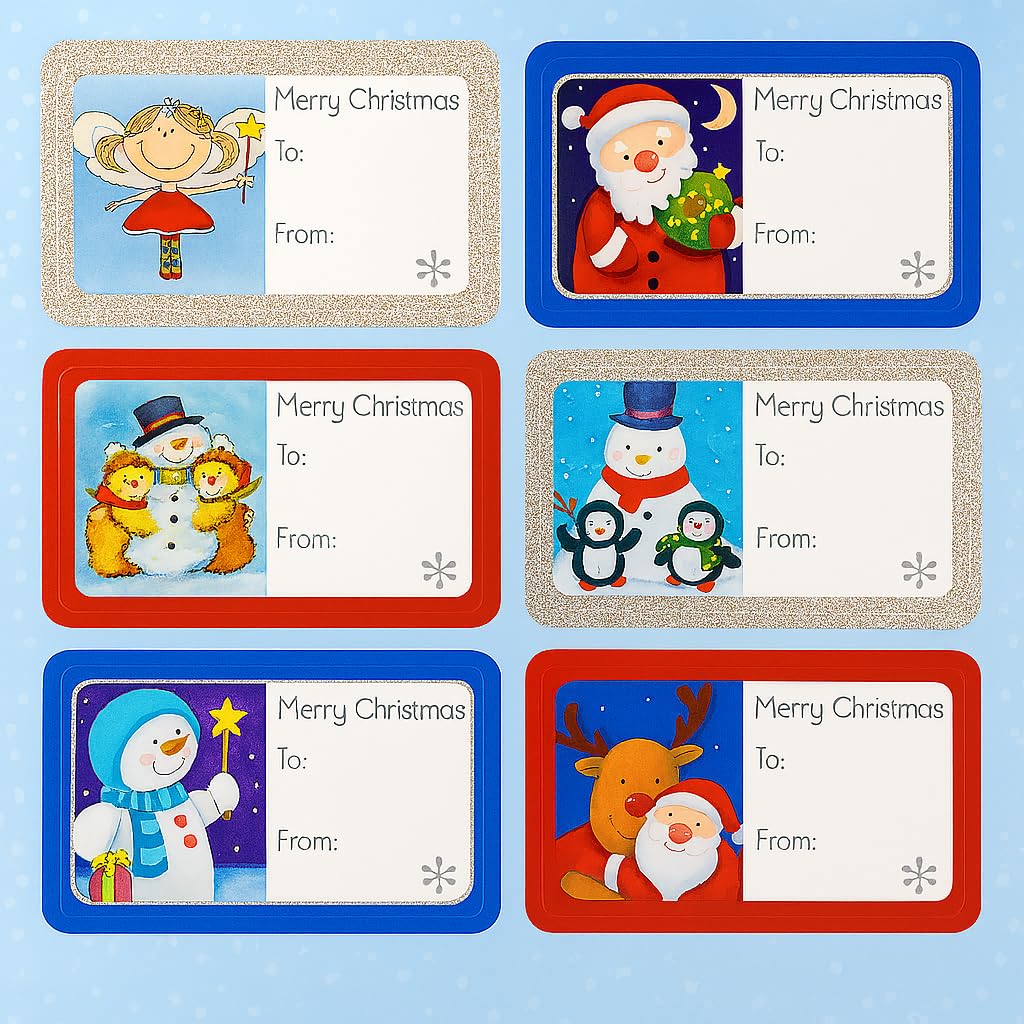 100 Holographic Present Gift Labels for Christmas – Self-Adhesive Tags for Presents – Mixed Festive Designs – Peel & Stick Stickers – Assorted Sizes (4–6cm) – Xmas Wrapping Labels for Kids & Adults