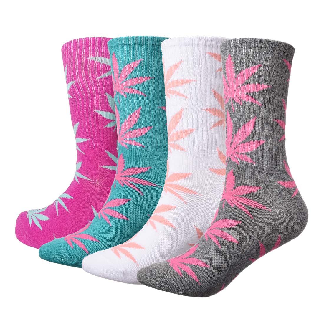 Photo 1 of 4 Pairs Pack Marijuana Weed Leaf Printed Cotton Athletic Sports High Crew Socks for Women Men (E-4 pairs)