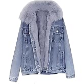 BININBOX Women’s Denim Jacket Thickened Distressed Coat with Faux Fur Collar Warm Fleece Lined Parka Casual Winter Outerwear