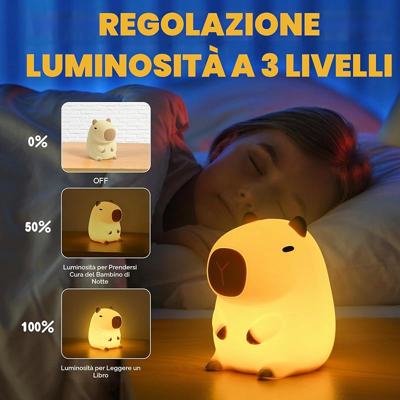 Capybara Luce Notturna per Bambini, Capybara Lampada Touch Control per Comodino, Ricarica USB e Timer, Dimmerabile Luce Notturna in Silicone, Luce Notturna Neonato Cameretta Bambina Regalo — foto 5 di 8