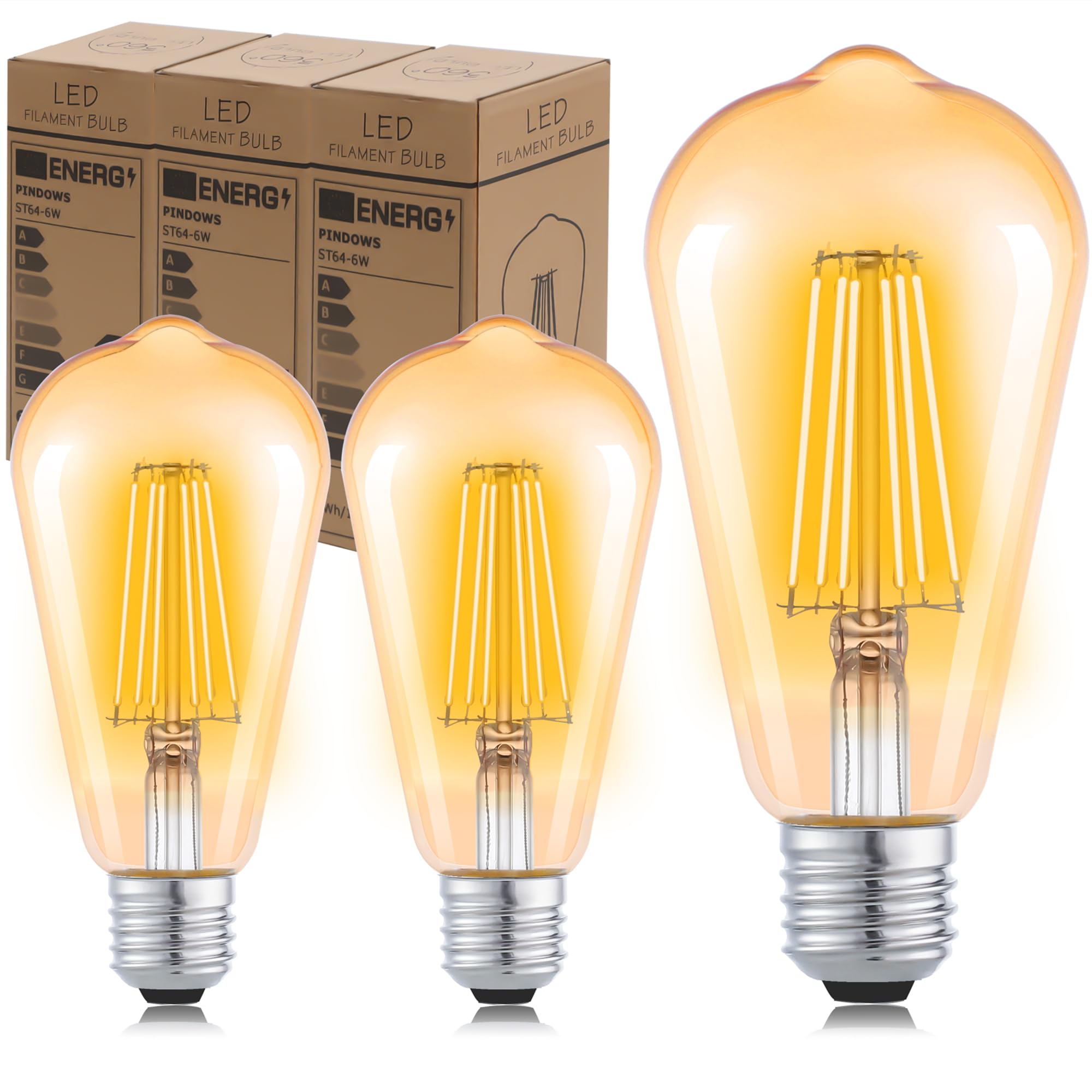 PINDOWS E27 Vintage Edison Screw Bulb, ST64 Edison Bulb, 6W (60W Equivalent), 2700K Warm White Vintage Light, 600LM Decorative Filament, Amber Glass, 3 Pack