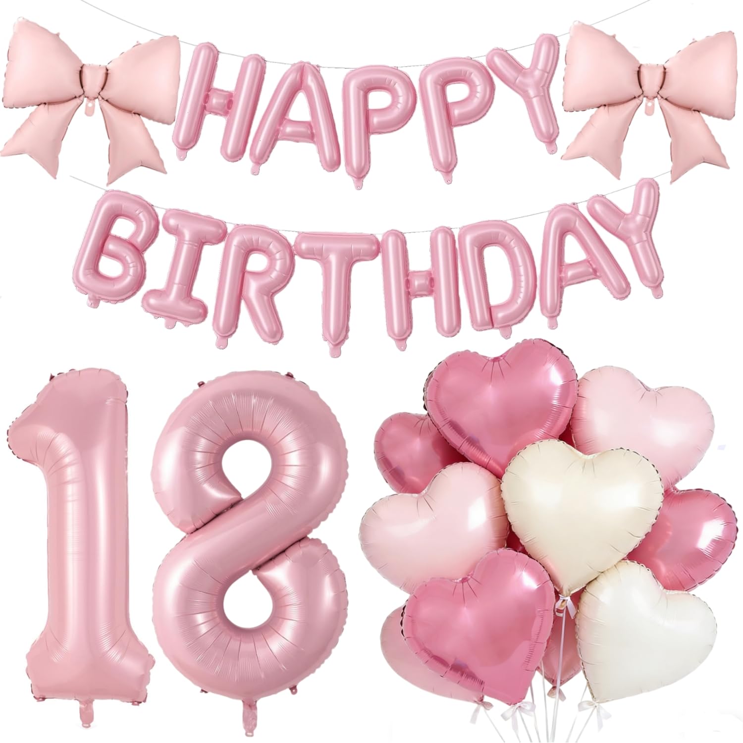 Pink Happy 18th Birthday Decorations, Large 18 Number Foil Balloon 21 Inch Pink Bow 16 Inch Happy Birthday Letter Balloons Banner with 18 Inch Heart Balloons for 18 Yeal Old Girls Party