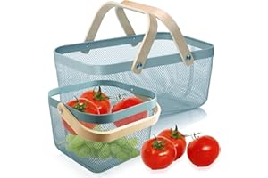 Cheardia 2 Pack Picnic Baskets, Metal Mesh Harvest Basket with Foldable Wooden Handle, Rectangle Garden Storage Basket Bin for Vegetable Fruit Garden Kitchen Cabinet Picking Gathering, Blue