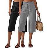 Neer 2 Pcs Women's Linen Wide Leg Capri Pants Beach High Waisted Drawstring Casual Loose Capris Pants with Pockets