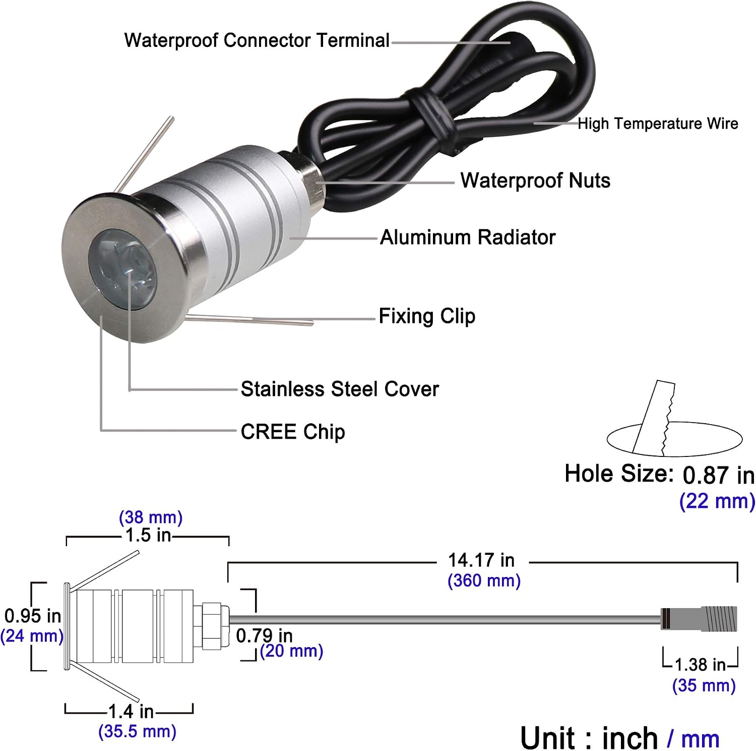 CNBRIGHTER LED In-Ground Well Light,Mini 15° Narrow Beam Angle Spotlight,1W 12V-24V DC - Image 4