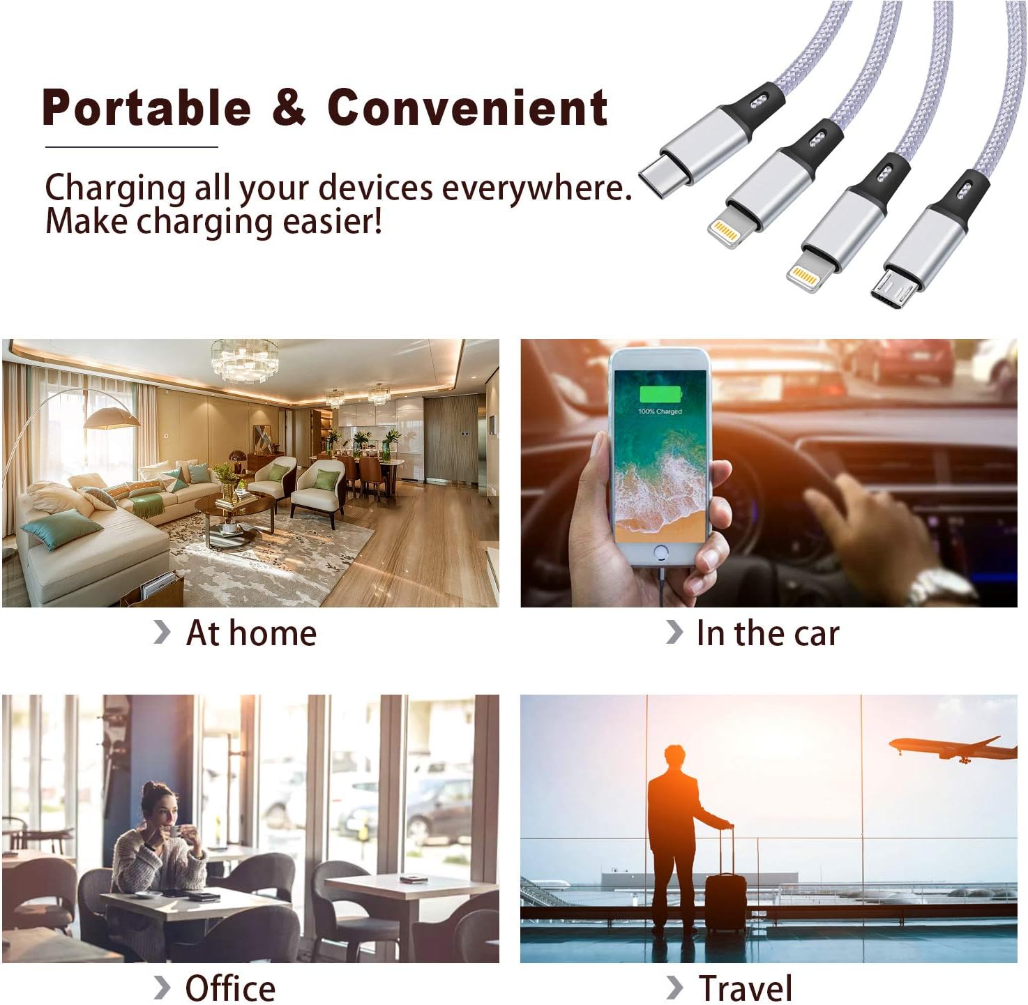 2Pack 6FT Multi Charging Cable 3A, Multi Charger Cable Nylon Braided 4 in 1 Multi USB Cable Multiple Charger Cord Connector with Dual Phone/Type C/Micro USB Port for Cell Phones and More[Upgraded]