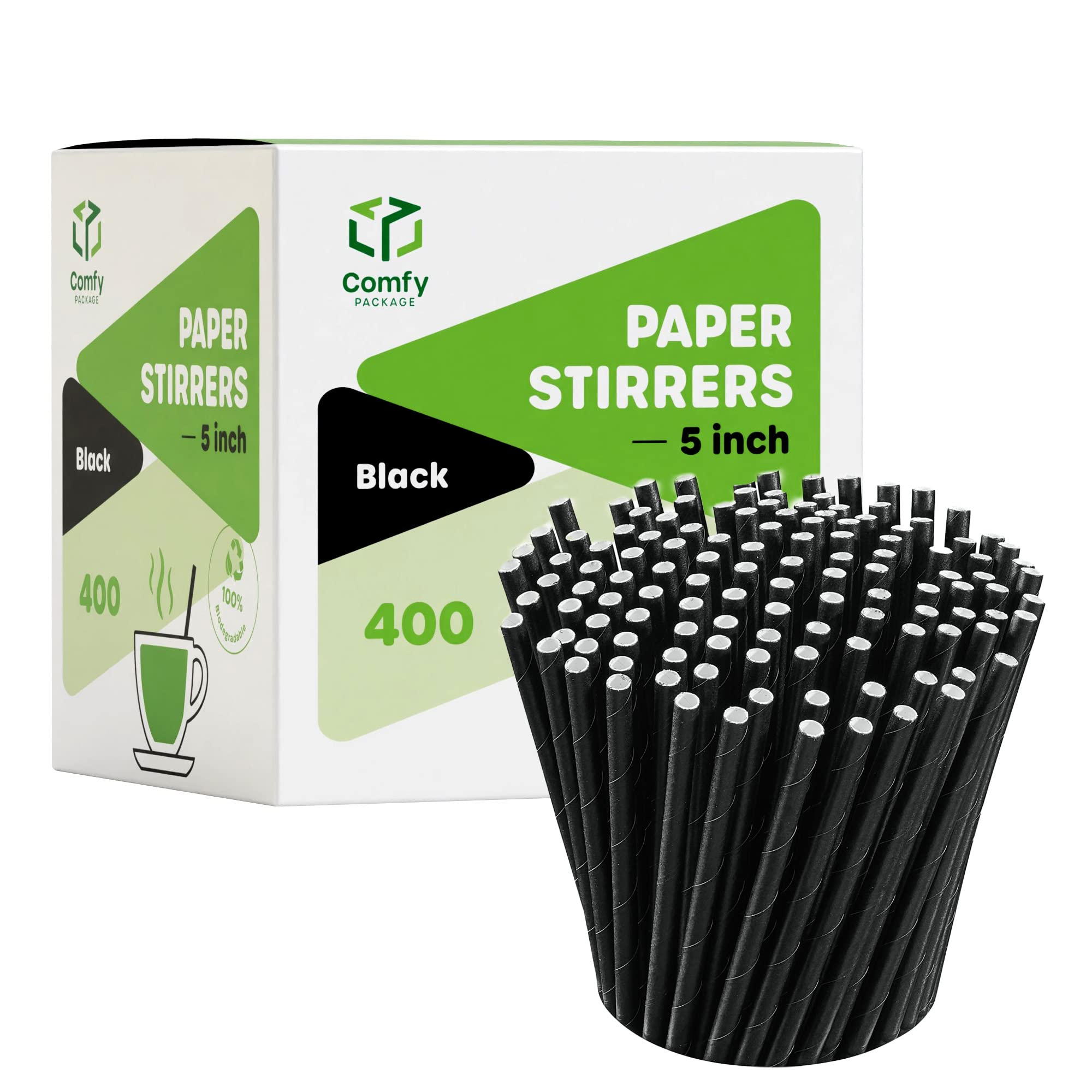Gusto [400 Pack] 5 Inch 100% Biodegradable Black Paper Sip Stirrers/Straws - Eco-Friendly for Cocktails, Coffee, & Beverages