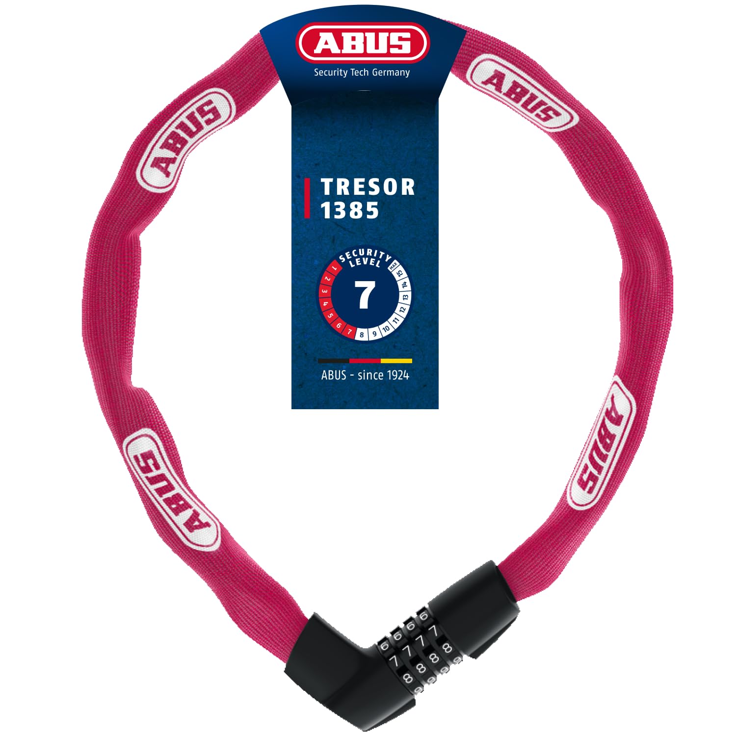 ABUS Kettenschloss Tresor 1385 – Zahlenschloss aus gehärtetem Stahl – 7 mm starke Vierkantkette – ABUS-Sicherheitslevel 7 – 85 cm – Koralle