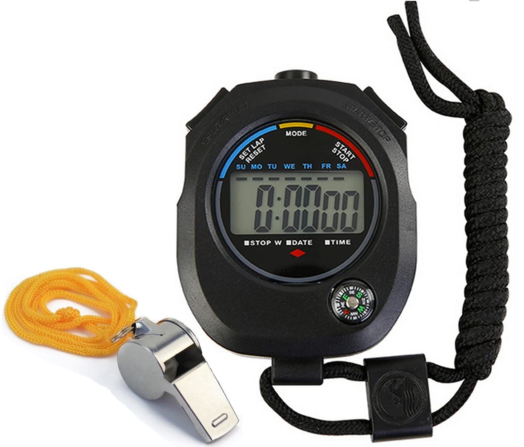 Sports Stopwatch Timer, Professional Digital Stopwatch with Calendar Alarm Compass, Multi Handheld Stopwatch Timer Whistle for Swimming Running Football Fitness Coaches Referee KK's