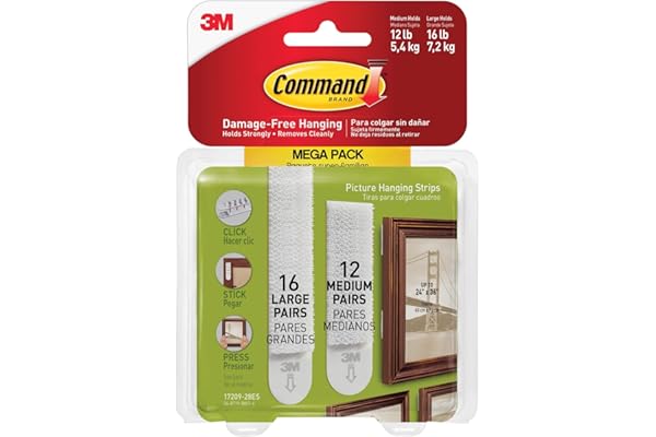 Command Medium and Large Picture Hanging Strips, Damage Free Hanging Picture Hangers, No Tools Wall Hanging Strips for Living Spaces, White, 12 Medium Pairs and 16 Large Pairs