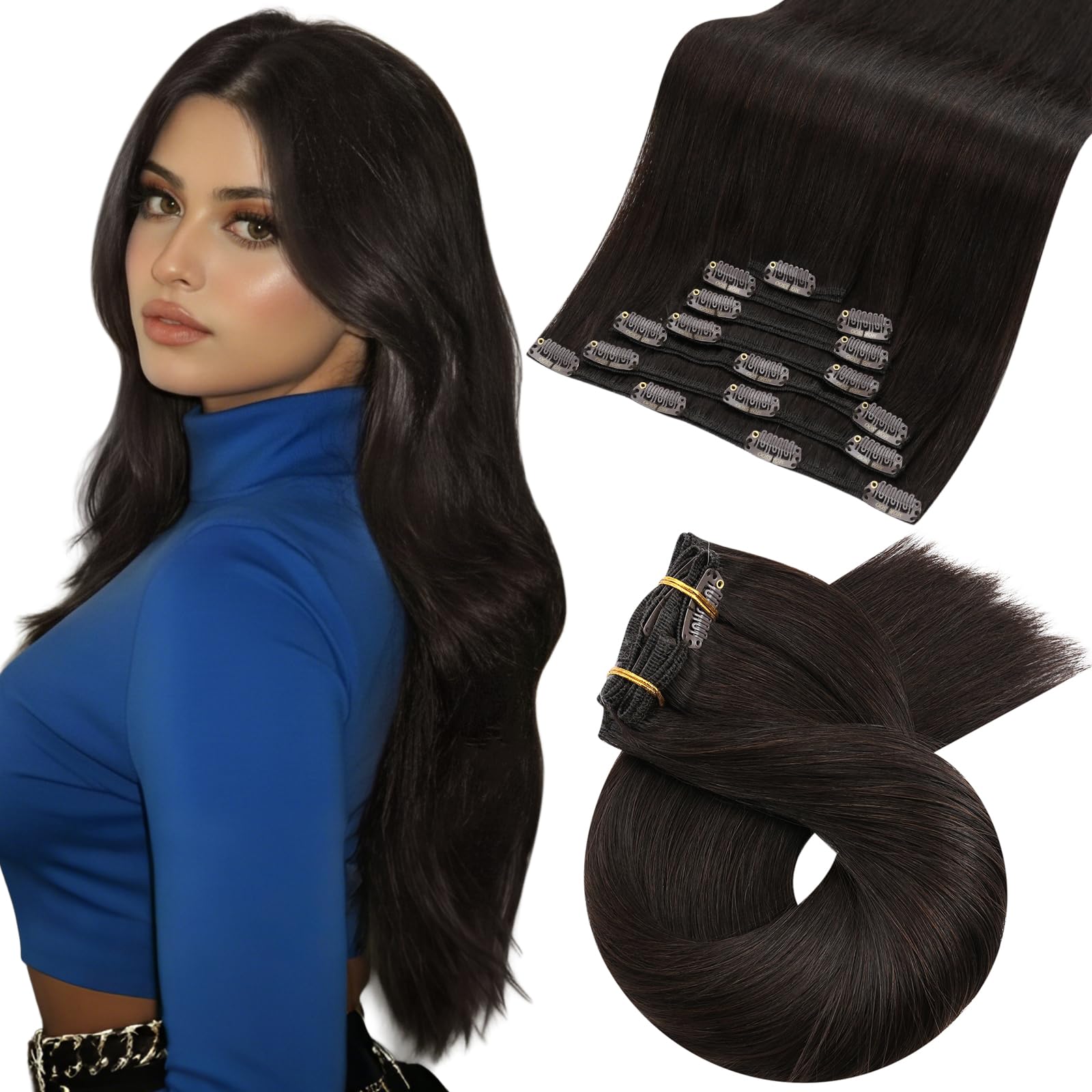 Moresoo Human Hair Extensions Clip in Real Hair Darkest Brown 22 Inch Real Hair Double Wefted Clip in Extensions Remy Human Full Head Straight for Women 7pcs 120g #2