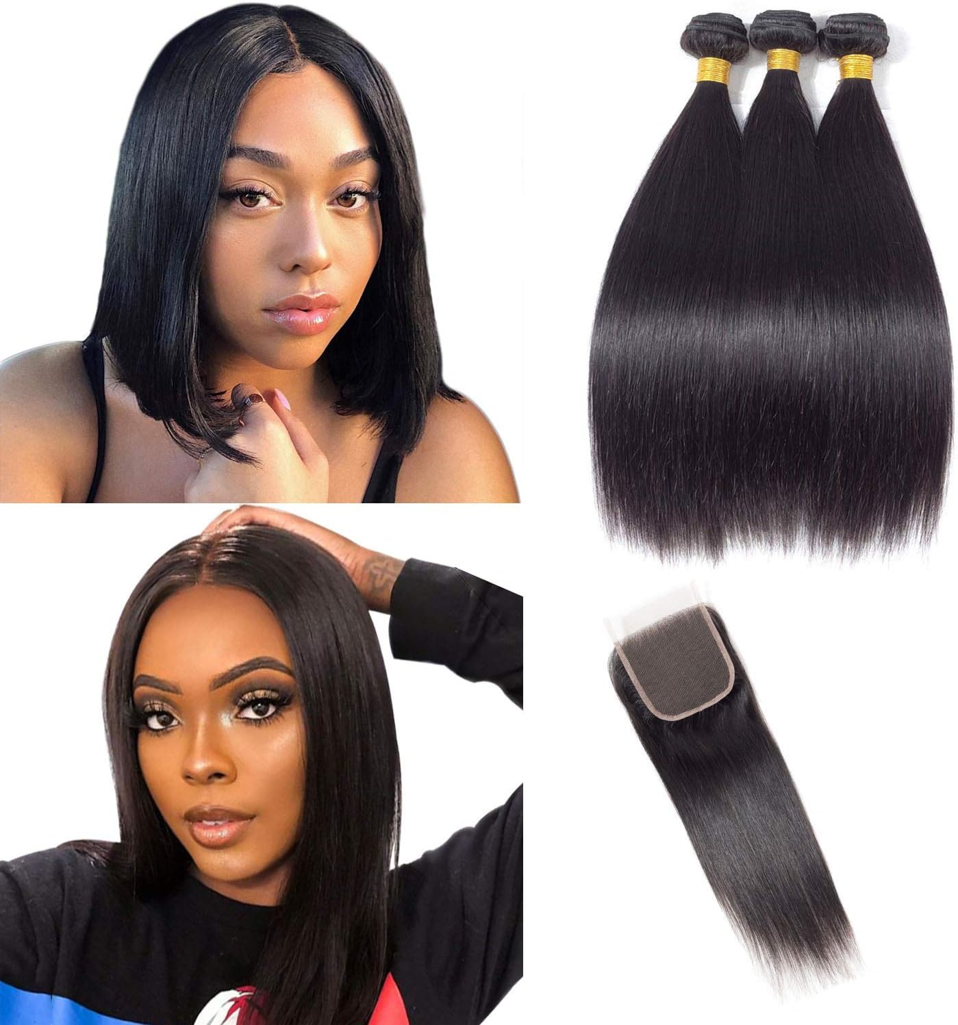 Brazilian Straight Hair Bundles with Closure 10A Unprocessed Brazilian Hair Bundles With Closure Braizlian Human Hair Weave Straight Natural Black (8 10 12+8 Inch)