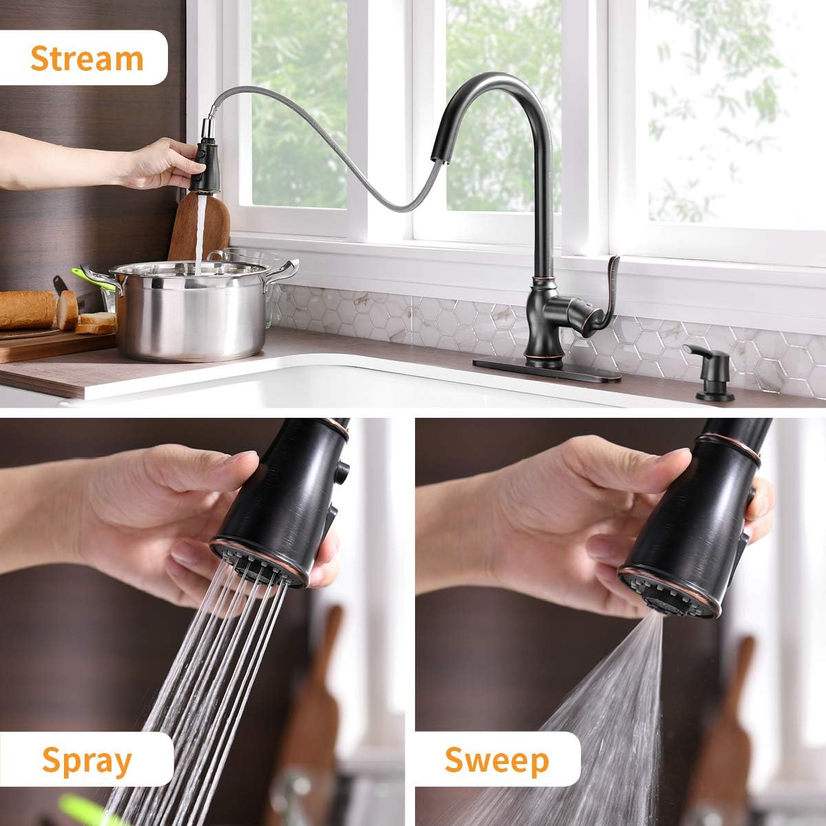 APPASO Single Handle Pull Down Kitchen Faucet with Sprayer Oil Rubbed Bronze - Antique One Hole High Arc Pull Out Kitchen Sink Faucets and Soap Dispenser - - 