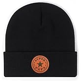 Qoyupuza World's Best Dad Ever Beanie, Super Papa Winter Hat with Leather Patch, Funny Christmas for Dad